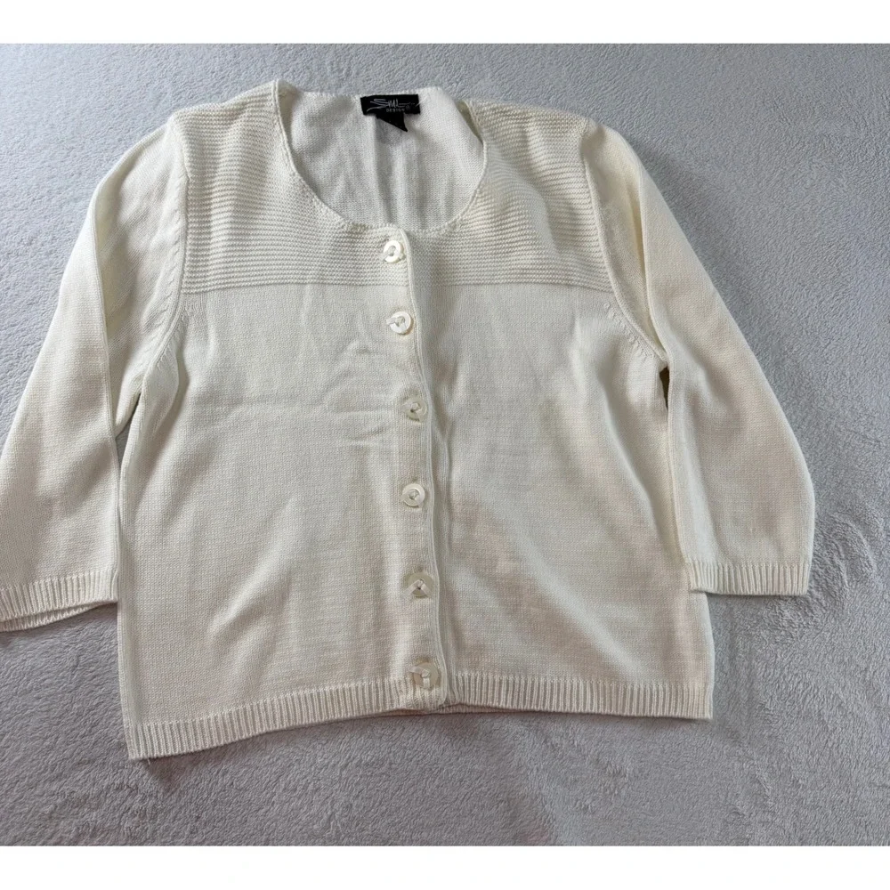 SML Design Cream Ivory Button Front Cardigan Sweater Textured Yoke 3/4 Sleeve L